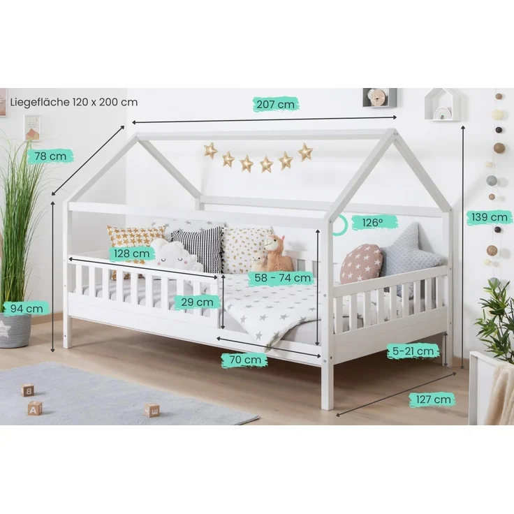 Kinderbett Hausbett "Kay" 120x200 Kiefer massiv weiß – Bild 2