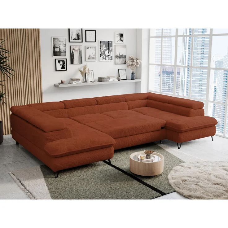 Ecksofa U-Form, mit Bettkasten, Bettfunktion und Einstellbare Kopfstützen, Sofa big XXL - PETER U - Orange Plüsch - Topper T25 – Bild 4