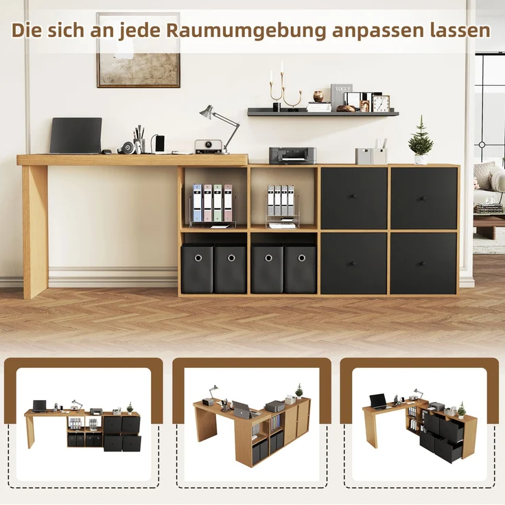 Schreibtisch aus MDF, 360° drehbar mit 8 Fächern, 120x48x78 cm, Schwarz/Eiche – Bild 7