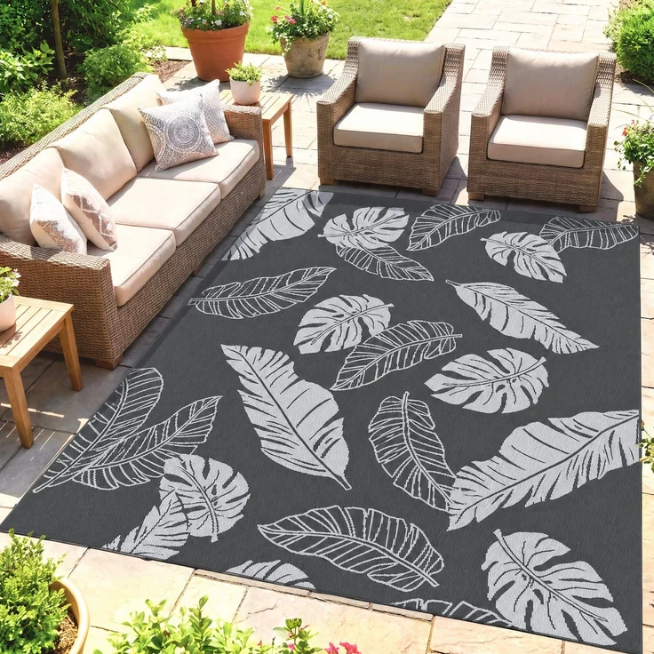 MELAYR, Outdoor Wendeteppich, wasserfest, Blattmuster, 182x274cm, Grau/Weiß – Bild 3