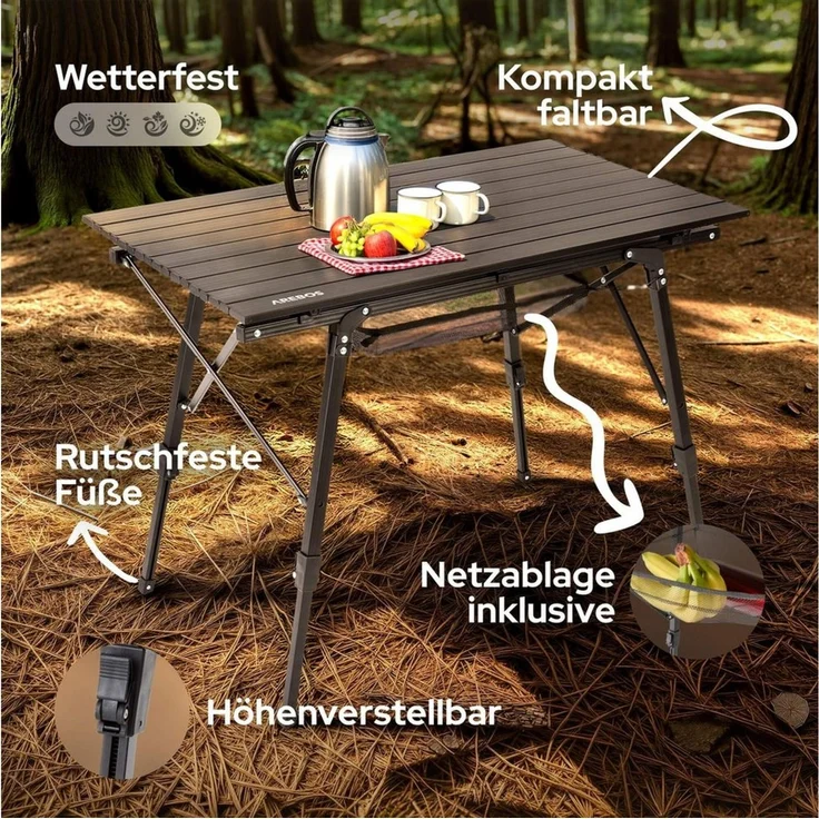 Arebos Campingtisch faltbar 120 x 70 cm | Klapptisch höhenverstellbar 58-78 cm | Camping Zubehör, Garten, Grill, Picknick | Camping Tisch klappbarer Falttisch | Reisetisch inkl. Tragetasche | Schwarz – Bild 3