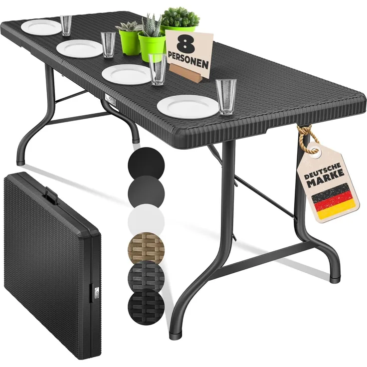 KESSER® Buffettisch Tisch klappbar Kunststoff 183x76 cm Rattan Optik Campingtisch Partytisch Klapptisch Gartentisch für Garten Terrasse und Balkon zusammenklappbar 6 Personen ink. Tragegriff Schwarz