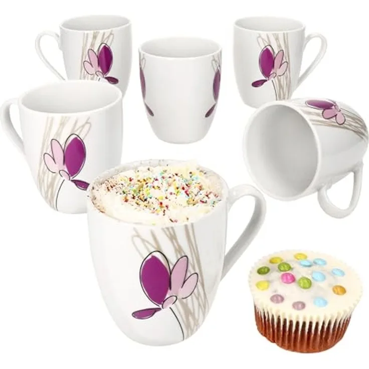 MamboCat Becher 6er Set Viola Kaffeebecher 350ml Porzellan-Tassen 6 Personen Blumen, Porzellan