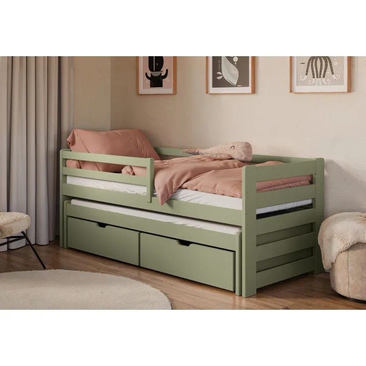 Kids Collective Jugendbett Einzelbett Kinderbett 90x200 cm, Lattenrost, Rausfallschutz Vollholz, 90x200 cm mit Rausziehbett 190x90 mit zwei Schubladen Olivgrün