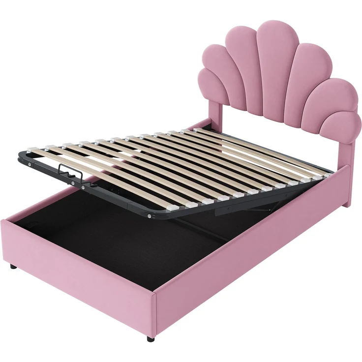 Merax Polsterbett Kinderbett 90 x 200 cm, mit geblümtem Kopfteil und Lattenrost, mit höhenverstellbarem Kopfteil und hydraulischem Stauraum, hautfreundlicher Samtstoff, Rosa – Bild 7