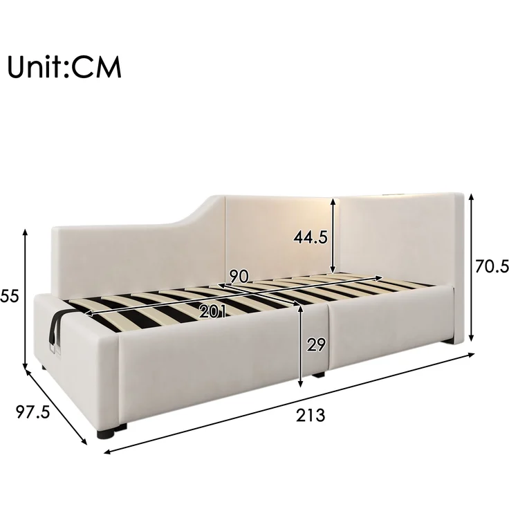 Tagesbett, Samt mit Stauraum & Leselampe, 213x70,5x98 cm, Beige, ohne Matratze – Bild 10