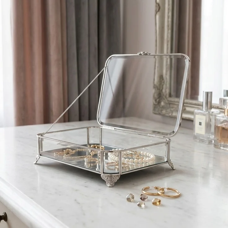 Schmuck- und Dekobox mit Deckel & Spiegelboden, 20 x 30 x 8 cm - Silber – Bild 8