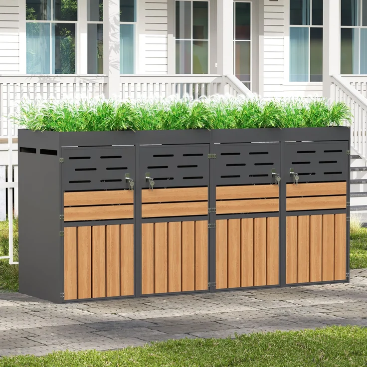 LVHOM Mülltonnenbox 4er mit Pflanzkasten, 4x240 L, Abschließbare Mülltonnenverkleidung aus Stahl für Garten, Anthrazit – Bild 2
