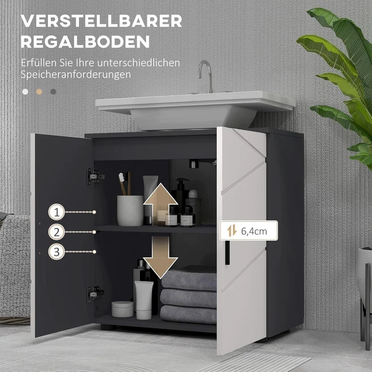 Kleankin Waschbeckenunterschrank mit Verstellbarer Ablage, Waschtischunterschrank mit Griff, (Unterschrank, 1-St, Badunterschrank) mit Kippschutz, Grau, 60 x 30 x 60 cm – Bild 5