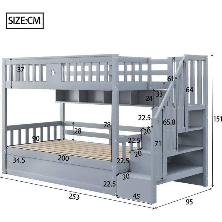 ZUBALIYA Bettgestell für Matratzen 253 x 95 x 151 cm, Bettgestell aus Holz, als Schlafplatz für Schlafzimmer und Gästezimmer, Grau – Bild 7