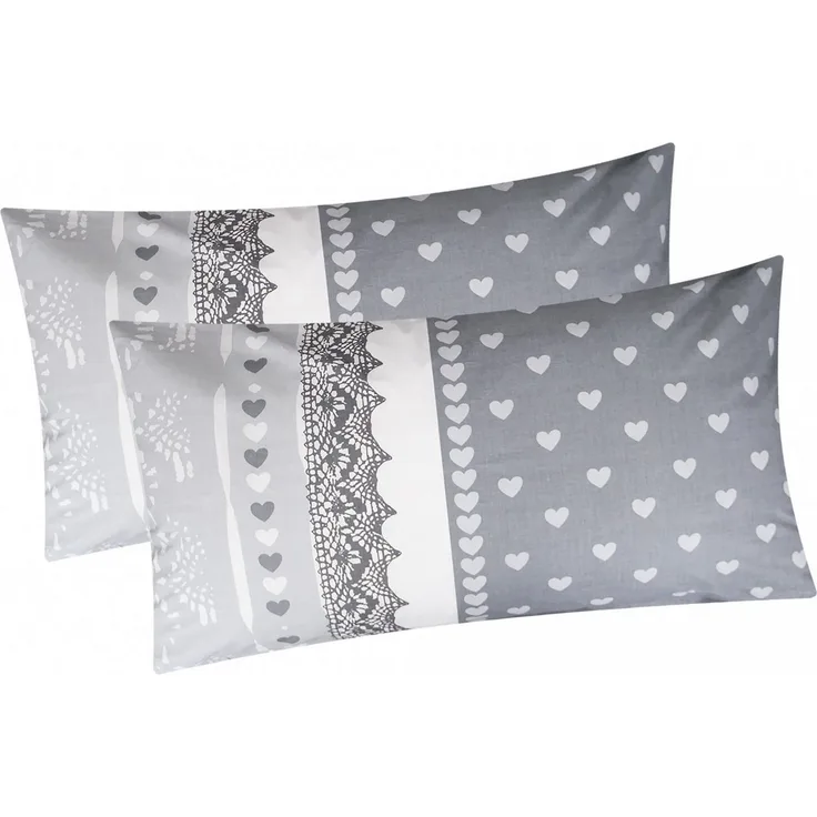 Heubergshop Kissenbezug, (2 Stück), 2er Set 40x80cm Kissenhülle Love Streifen Herzen Grau (386/2-KB-40x80)