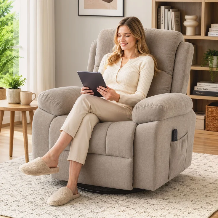 Wohnora-Relaxsessel Fernsehsessel 360° Drehbarer Massagesessel mit Wärme, Massage, Chenille-Optik, Beige,H 1040cm x T 970cm x B 970cm – Bild 3