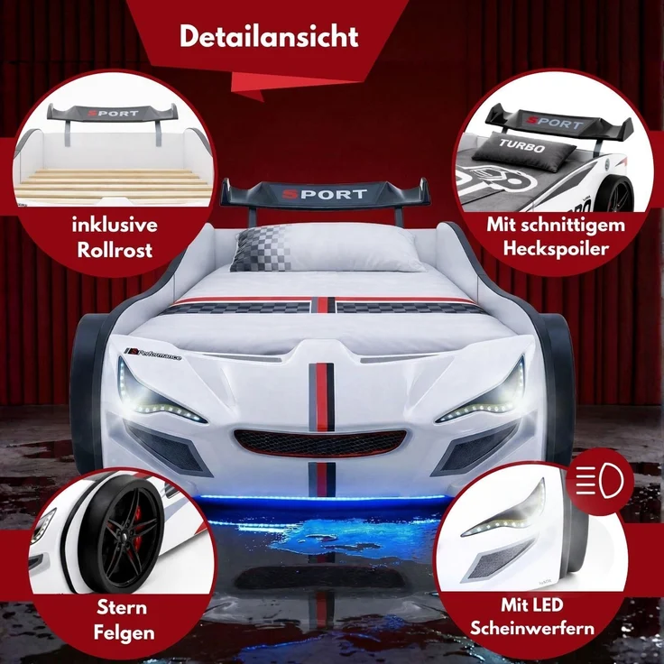 Autobett GTE Kinderbett im Rennwagen-Design mit Lattenrost Farbe Weiß – Bild 4