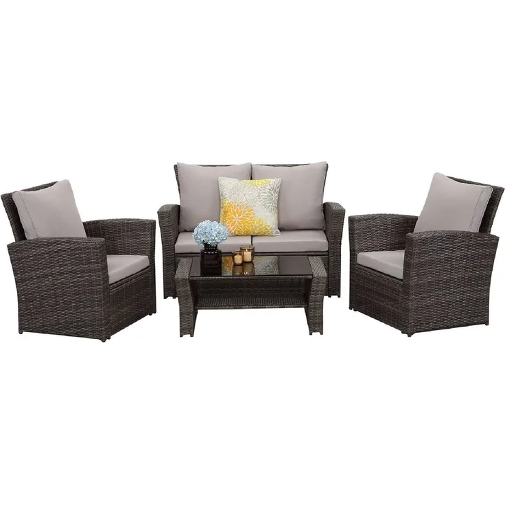 MeXo Gartenlounge-Set Balkonmöbel Set, (Handgefertigtes Poly Rattan Gartenmöbel Set, 4-tlg, 2-Sitzer Sofa, 2 Sessel, Tisch mit Stauraum, 8 Auflagen für 4 Personen), wetterfest Terrassenmöbel Set, Lounge Möbel Outdoor