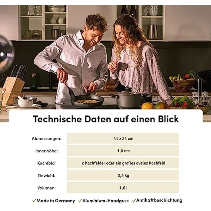 Hoffmann Germany Teppanyakiplatte Grillplatte Aluguss eckig 41x24 cm mit Griffen – Made in Germany, Aluguss (1-tlg, 1x Teppanyakiplatte 41x24 cm + Silikon-Füße), Teppanyaki, Antihaft, backofenfest bis 240°C, Induktion – Bild 6