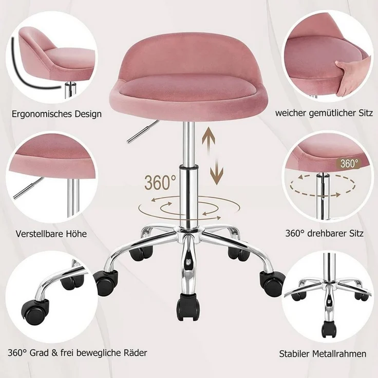 WOLTU Bürohocker mit Rollen, Drehhocker höhenverstellbar, Rollrocker mit niedriger Rückenlehne, Arbeitshocker Rosa, Sitzhöhe 43-54,5 cm BS127rs – Bild 4