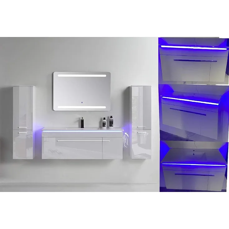 Badmöbel Set 8 Teilig 240cm Hochglanz Schwarz LED Spiegel Badezimmer Badschrank