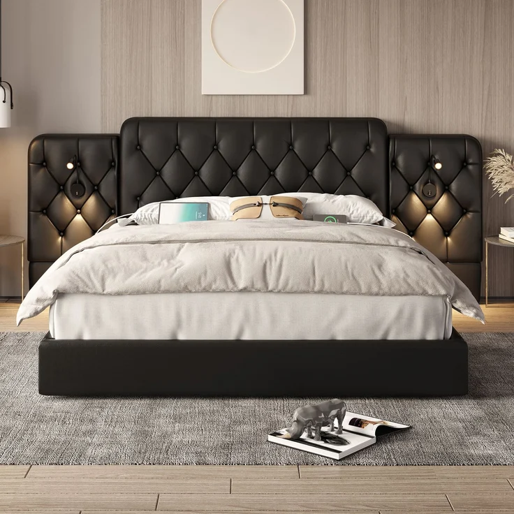 Polsterbett, PU-Leder mit USB-Anschluss, Leselampen & Stauraum, 160x200 cm, Schwarz, ohne Matratze – Bild 2