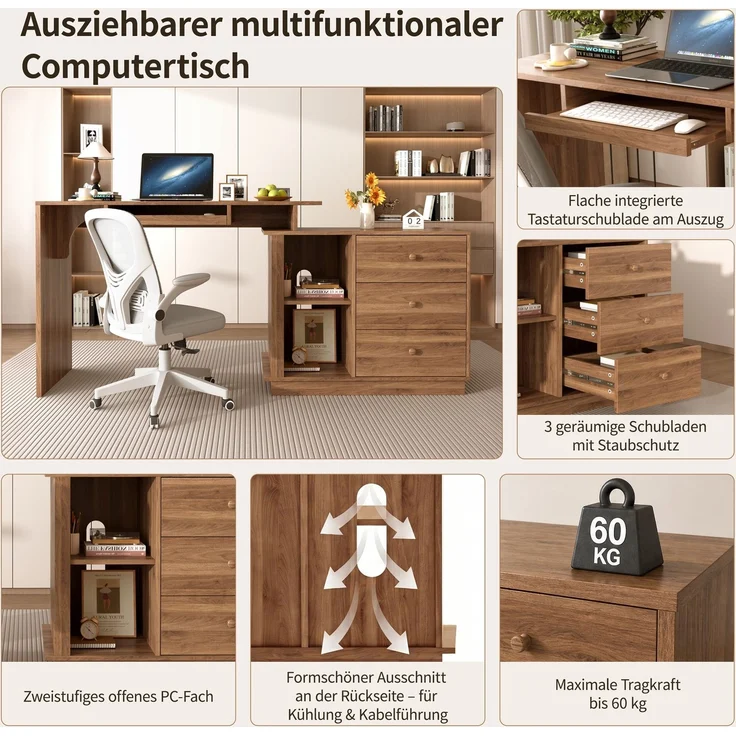 Schreibtisch aus MDF, ausziehbar mit Tastaturauszug, 110x40x75,5 cm, Walnuss – Bild 9