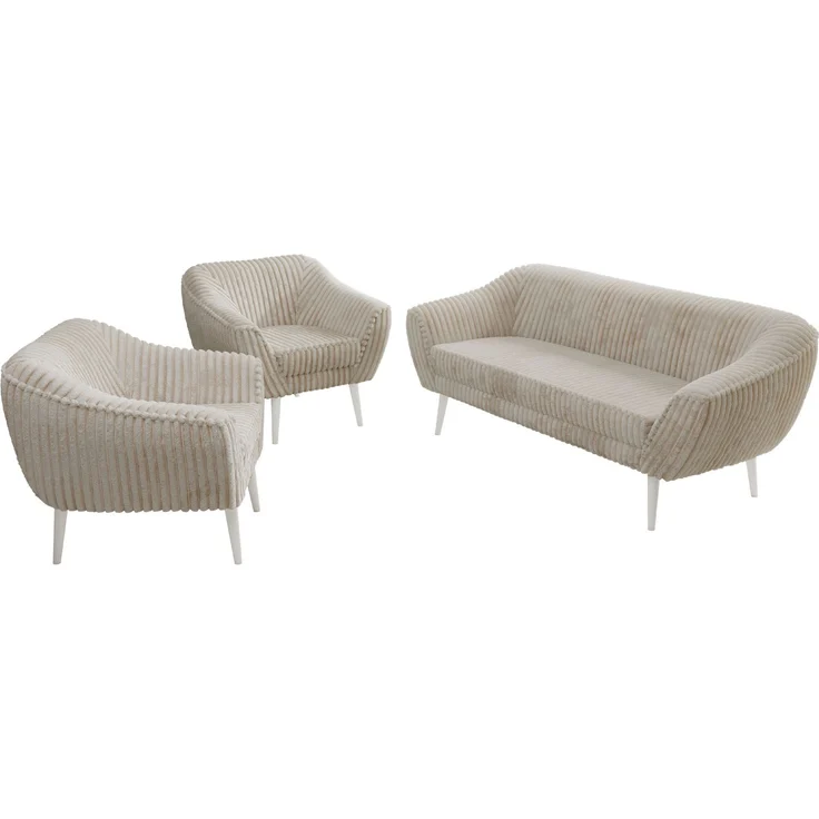 Wohnzimmerset PIRS 1-1-3, Skandinavisches 3-Sitzer Sofa mit Sesseln, Sofa mit Wellenfederung, weiße Füße, Skandinavisches Möbelset - Beige Cord – Bild 8