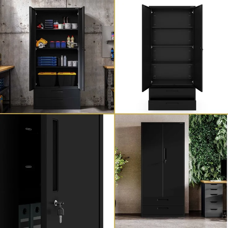 Metallschrank mit Doppel-Schublade RUEL - 195x90x40cm Schwarz | Büroschrank Aktenschrank Stahlschrank Fachbodenschrank Werkstattschrank – Bild 7