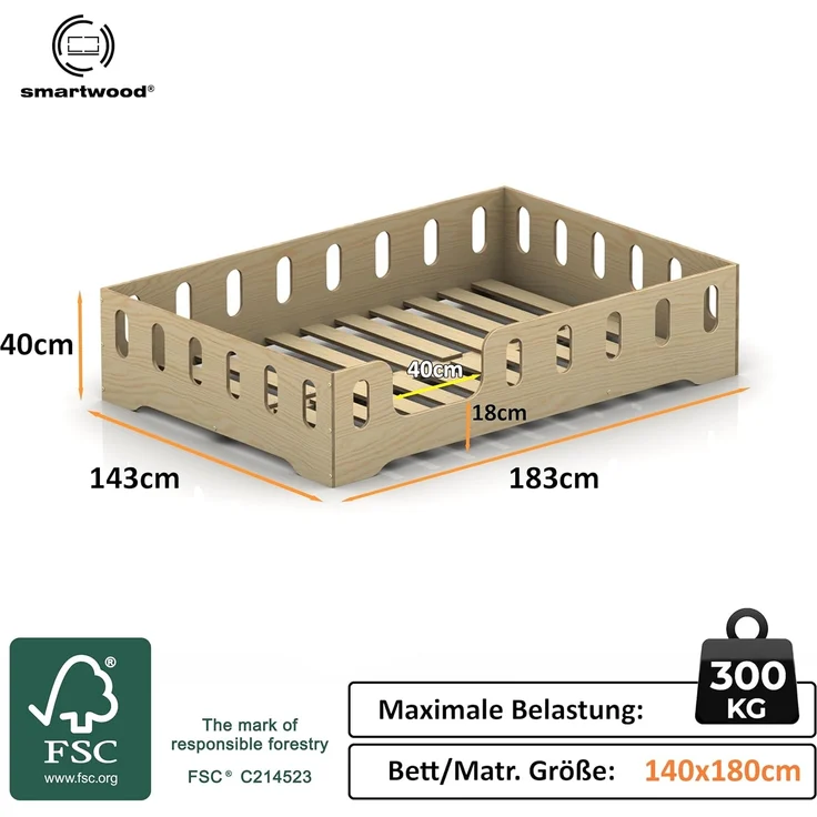 smartwood Kinderbett Bodenbett 140x180 mit Rausfallschutz & Lattenrost - Rosa - Kinder Montessori Bett TILA 2L mit glatten Kanten - Betten für schnelle Montage - Bis 300 kg belastbar – Bild 2