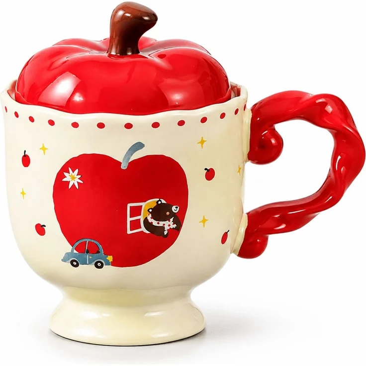 Keramiktasse mit Deckel im Apfel-Design Kaffeetasse Rot 14 x 10 x 14 cm – Bild 1