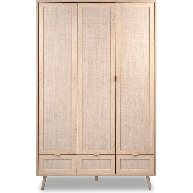 Calicosy 'BALI' Schrank mit Türen, Schubladen und Kleiderstangen L120cm - Rattan-Druck - Helles Holz