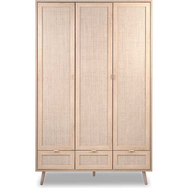 Calicosy 'BALI' Schrank mit Türen, Schubladen und Kleiderstangen L120cm - Rattan-Druck - Helles Holz – Bild 1