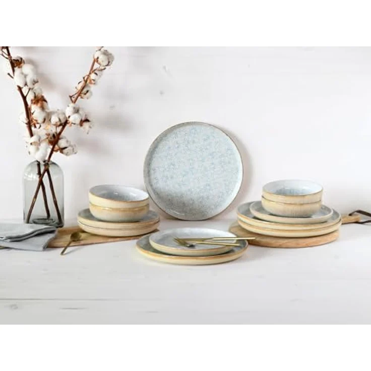 Creatable Tafelservice Uno Emiliana, 12-teiliges Geschirr-Set aus Keramik, creme und hellblau, lebensmittelecht und stapelbar – Bild 3