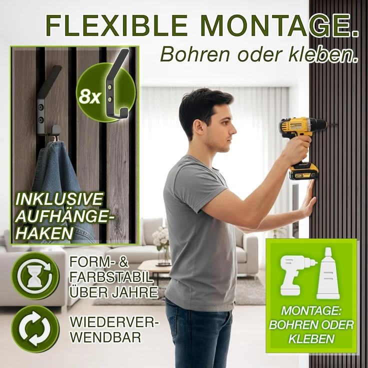 TRESKO® 4 Stück Akustikpaneele Holz 120×60 cm inkl. 8x Kleiderhaken | Wandverkleidung Nussbaum als 3D Lamellenwand | Holzpaneele Paneele für Schallschutz | Akustik Wandpaneele mit Montageset – Bild 5