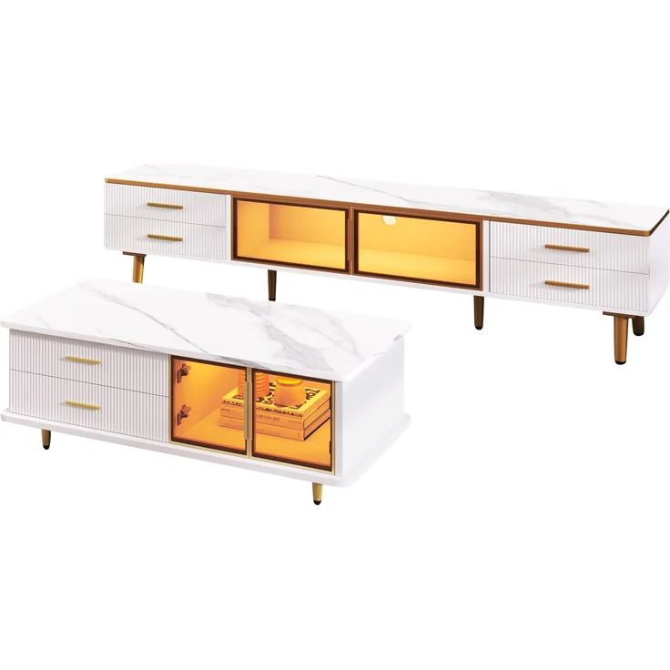 DESVIAE Couchtisch-Set 2-tlg. mit TV-Schrank und LED-Beleuchtung, Spanplatte, Weiß/Gold, 100x40x50 cm und 170x47,5x37 cm – Bild 7