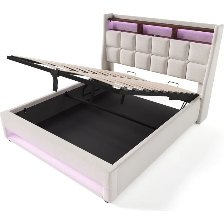 Polsterbett 180x200 cm mit USB, LED und Stauraum – Bettgestell aus Leinenstoff in Hellbeige – Bild 5