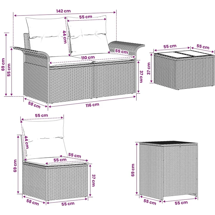vidaXL Sofa Set 6 stk. 4-Sitzanzahl Schwarz Polyrattan und Stahl 3447064 – Bild 12