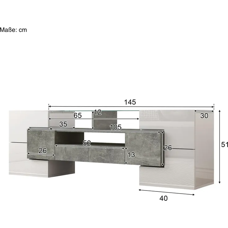 Lowboard, 145/30/51 cm, TV-Schrank, Fernsehtisch, Fernsehschrank für Wohnzimmer, stehend, glänzend – Bild 5