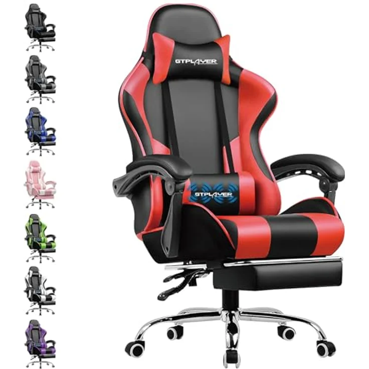 GTPLAYER Gaming Stuhl Bürostuhl Massage Gaming Sessel Ergonomischer Gamer Stuhl mit Fußstütze, Kopfstütze Massage-Lendenkissen, Gepolstert Gaming Chair, Drehsessel, rot – Bild 2