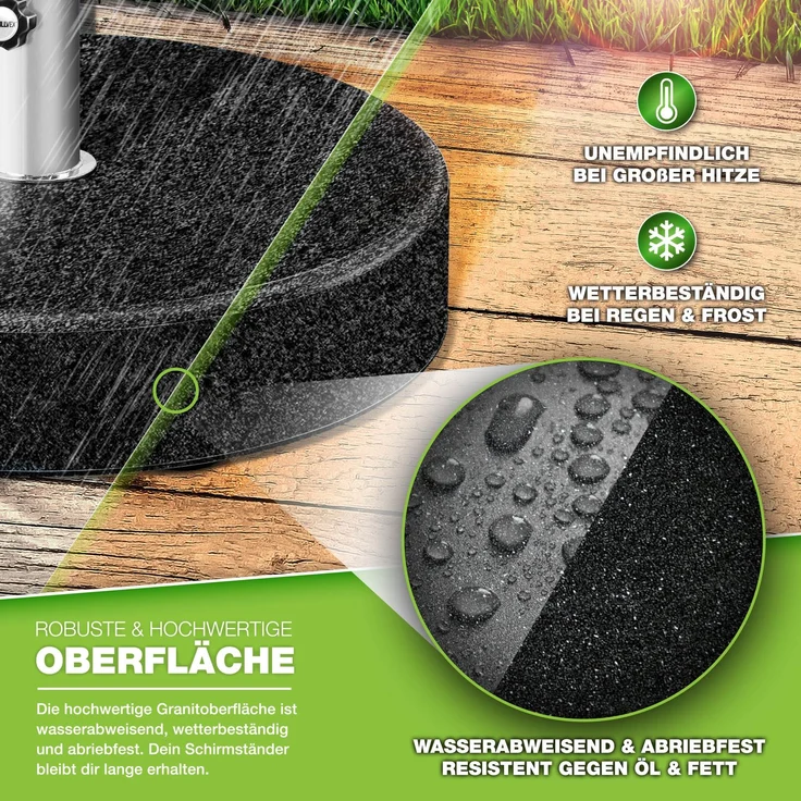 tillvex® Granit Sonnenschirmständer mit Rollen & Teleskopgriff Anthrazit - 27 kg Rund | Schirmständer Sonnenschirm mit Edelstahlrohr | Balkonschirmständer für Schirmstöcke 16-48 mm & 300 cm Schirmdurchmesser – Bild 3