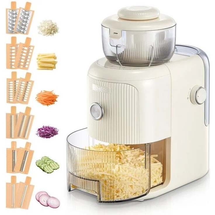 FOHERE Multireibe Elektrische Multifunktionsreibe mit 6 Klingen und 1,8-Liter-Behälter, (1-St), geeignet zum Zerkleinern von Gemüse, Obst und Nüssen. Multireibe – Bild 4
