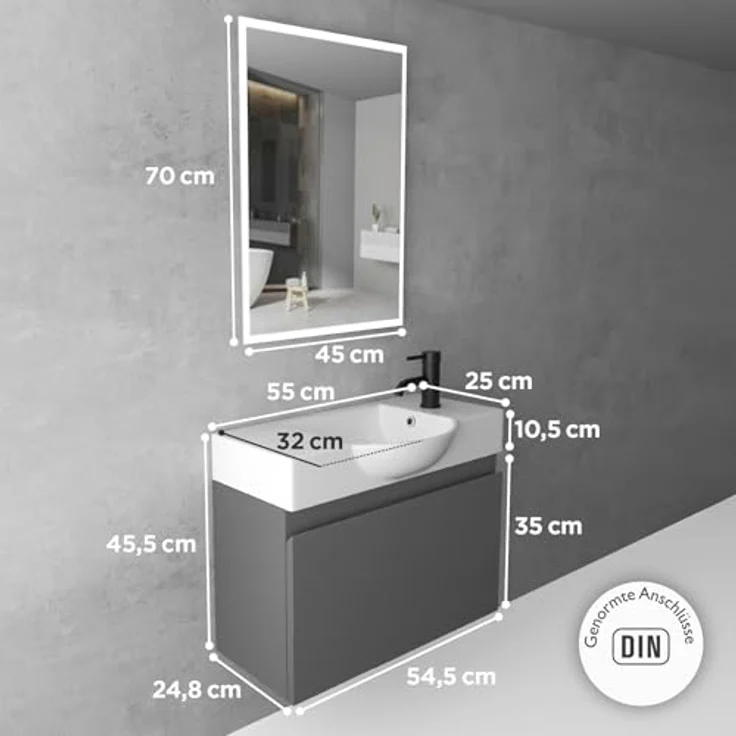 Alpenberger Badmöbel-Set Waschbecken mit Unterschrank 55 cm Breit, (Waschtischunterschrank, Badezimmerschrank Klein), Badschrank Hängend mit Badspiegel – Bild 8
