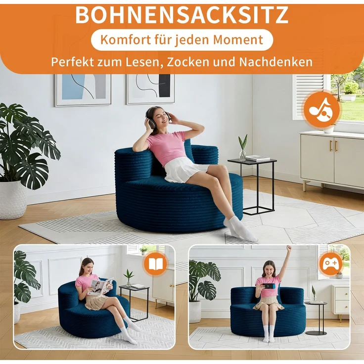Großer Cord-Sitzsack-Sessel mit Zierkissen, weich gepolsterter Loungesitz 112 cm ohne Montage für Wohn- und Schlafzimmer, Blau – Bild 10