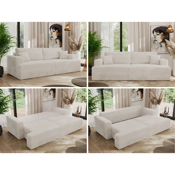 Sofa mit DL-Schlaffunktion, 4-Sitzer Sofa, Bettkasten, 240 x 115 x 88 cm, lose Kissen, Armlehnen - VIRELLA - Beige Cord – Bild 2