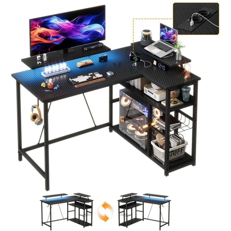 Furnicopia Eckschreibtisch L-förmiger Gaming-Schreibtisch mit Stauraum, Steckdosen und LED (120/140 cm großer Schreibtisch mit zwei Monitorhalterungen, zwei Ablagen, einer verstellbaren Ablage, einem Becherhalter und einem Kopfhörerhalter) – Bild 5