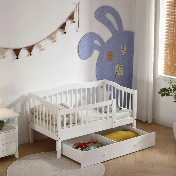 LEADZM Kinderbett mit Schubladen 70x140 / 80x160 / 90x200cm, Hausbett mit Lattenrost, Bodenbett mit Stauraum und Abnehmbarer Barriere, Weiß – Bild 3