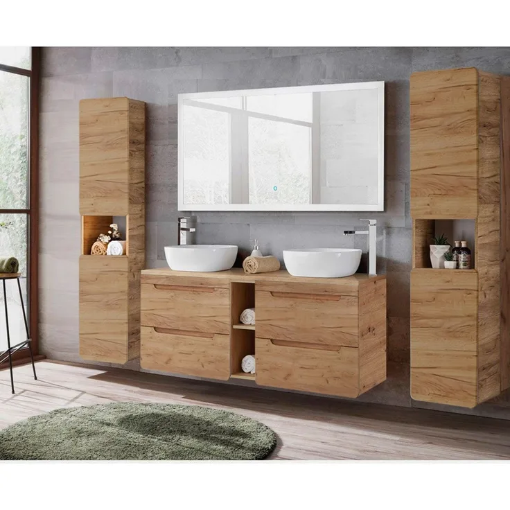 Badmöbel Komplett Set mit 141 cm Doppel-Waschtisch LUTON-56-CRAFT, Wotan Eiche Nb, B/H/T ca. 240/200/46 cm
