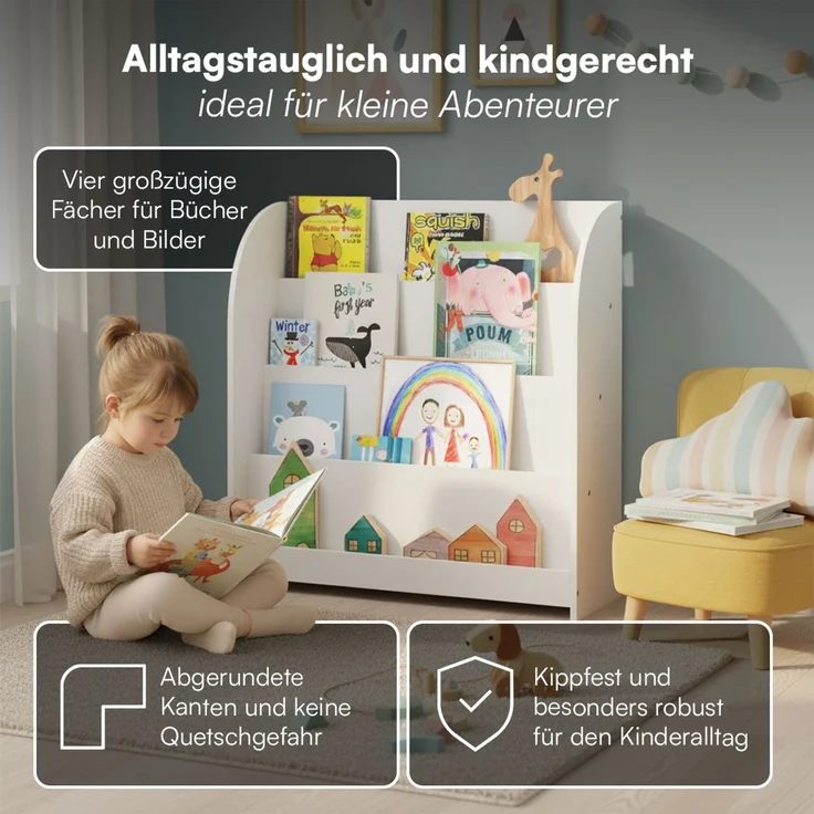 Bellabino 'Baru' Kinderbücherregal, weiß, Holz, 88x30x80 cm, Montessori Kinderregal mit 4 Ablagefächern – Bild 3