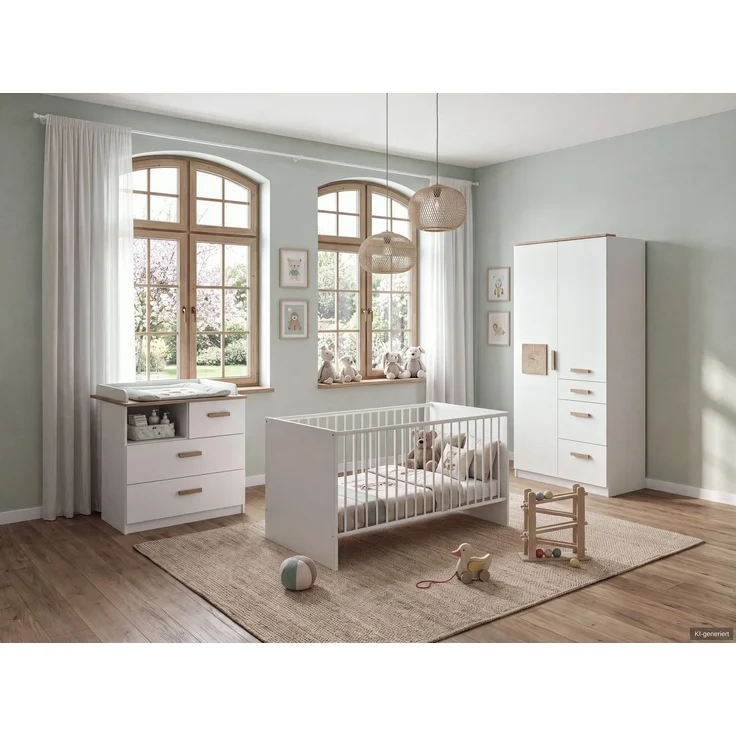 Babyzimmer-Set Kinderzimmer Babybett Wickelkommode Kleiderschrank 91 Weiß Eiche – Bild 1