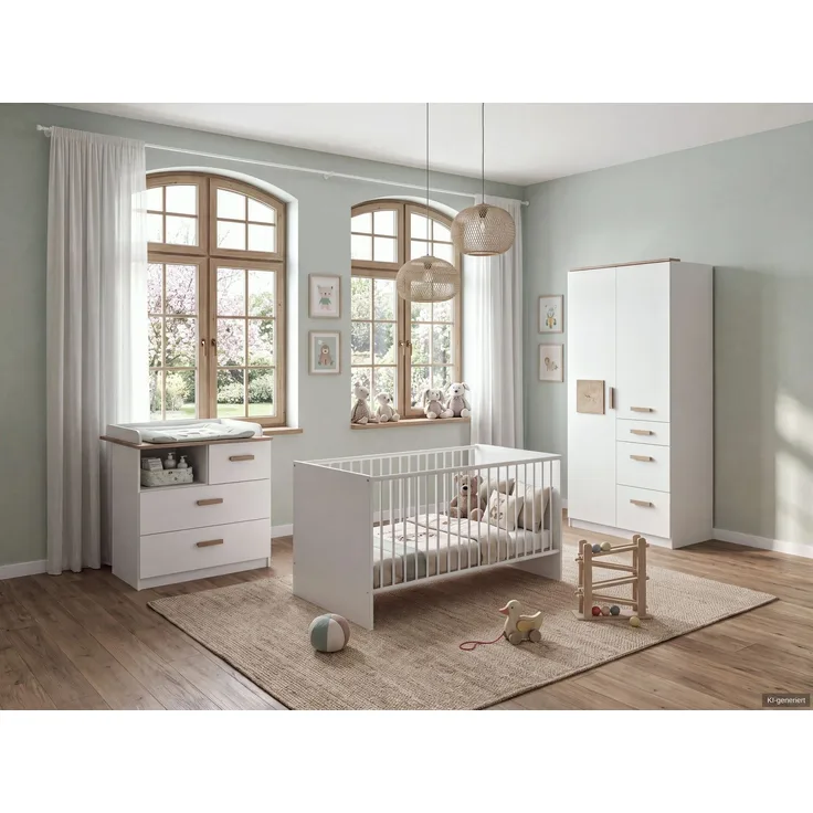 Babyzimmer-Set Kinderzimmer Babybett Wickelkommode Kleiderschrank 91 Weiß Eiche