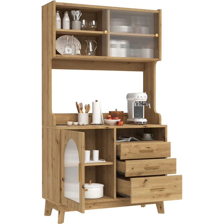 Buffetschränke, Esszimmer-Hochschrank 100.5*40*178 cm, mehrstufigem Stauraum, integrierter Steckdose sowie USB-C- und USB-A-Anschlüssen, Holzfarbe – Bild 8