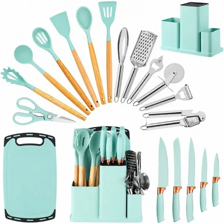 Diyarts Kochbesteck-Set (Set, 23-tlg, Setumfang: Beige 23-teilig, Grün, Weiß und Schwarz 20-teilig), Silikon-Kochflächen, Holzgriffe, Edelstahl, inkl. Kochmesser