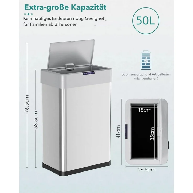 TLGREEN Mülleimer mit Sensor,automatischer Abfalleimer 30/50/60 L, mit Klemmring für Müllbeutel,Softclose-Deckel, Stahl – Bild 3